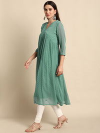 Janasya Women's Green Chiffon Self Design Flared Kurta