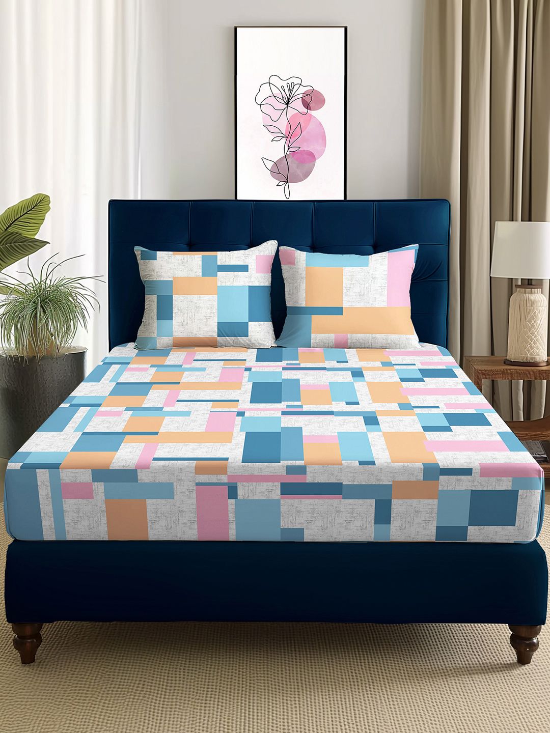 Story@home Arena Grey & White Printed 180 TC Queen Bedsheet & 2 Pillow Covers