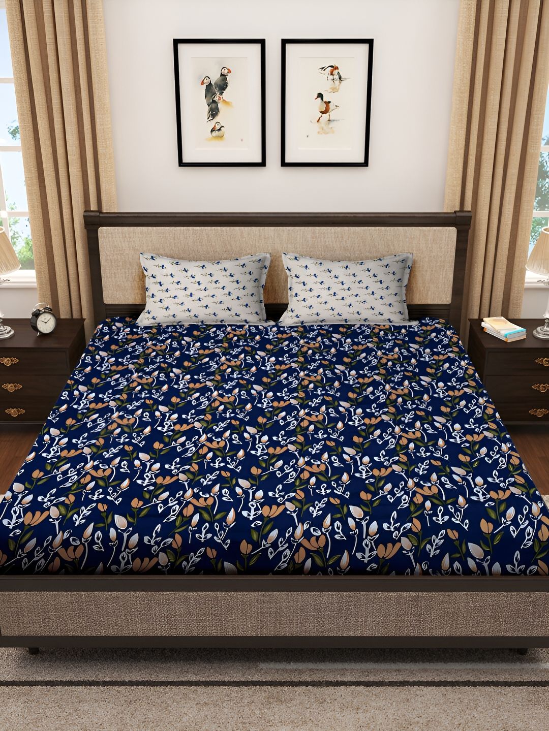 KLOTTHE Navy Blue Floral Printed 300TC Super King Bedsheet With 2 Pillow Covers