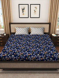 KLOTTHE Navy Blue Floral Printed 300TC Super King Bedsheet With 2 Pillow Covers