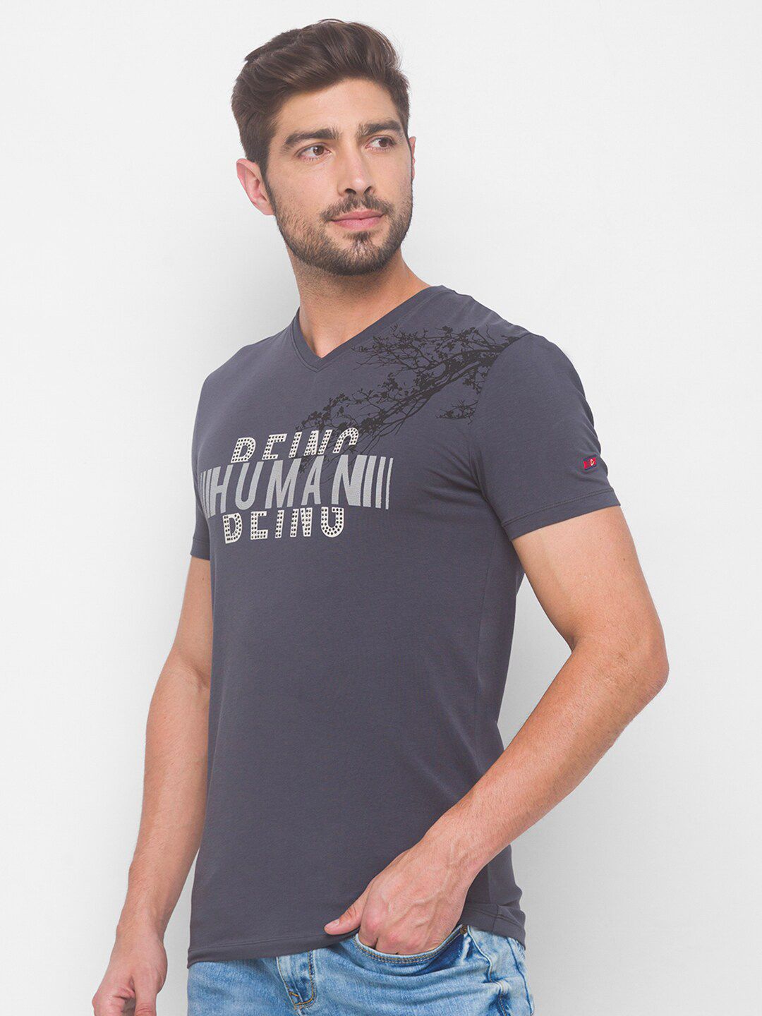 Being Human Men Grey & White Being Human Printed V-Neck T-shirt