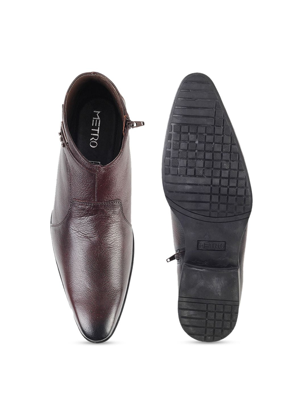Metro Men Brown Solid Mid-Top Leather Boots