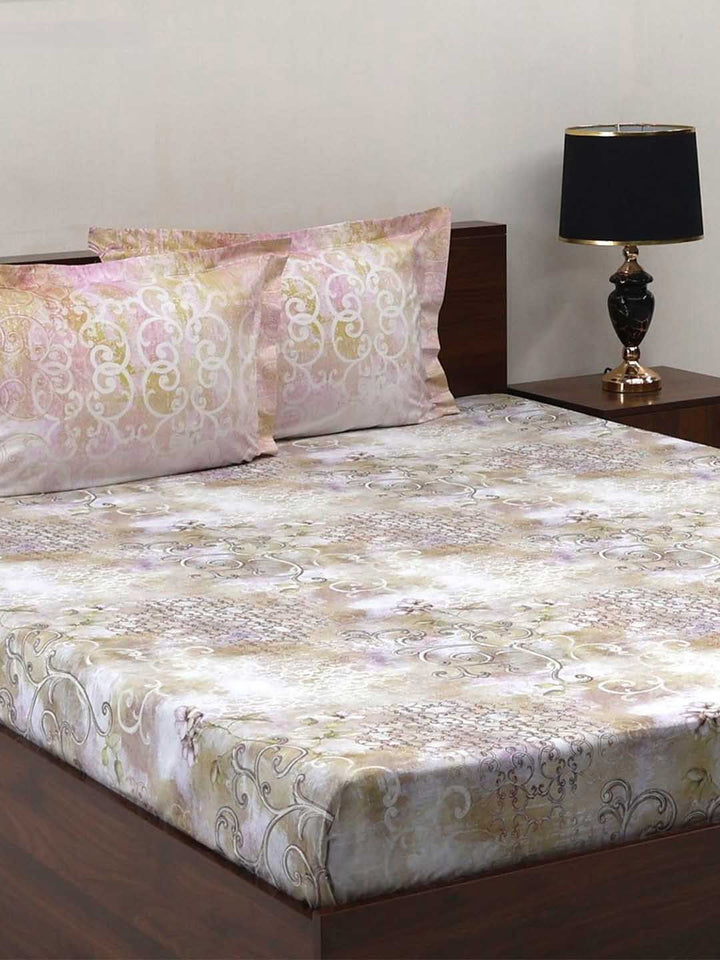 BOMBAY DYEING Fantasque Beige Floral Printed Cotton180 TC King Bedsheet Set 2.74 x 2.74 m
