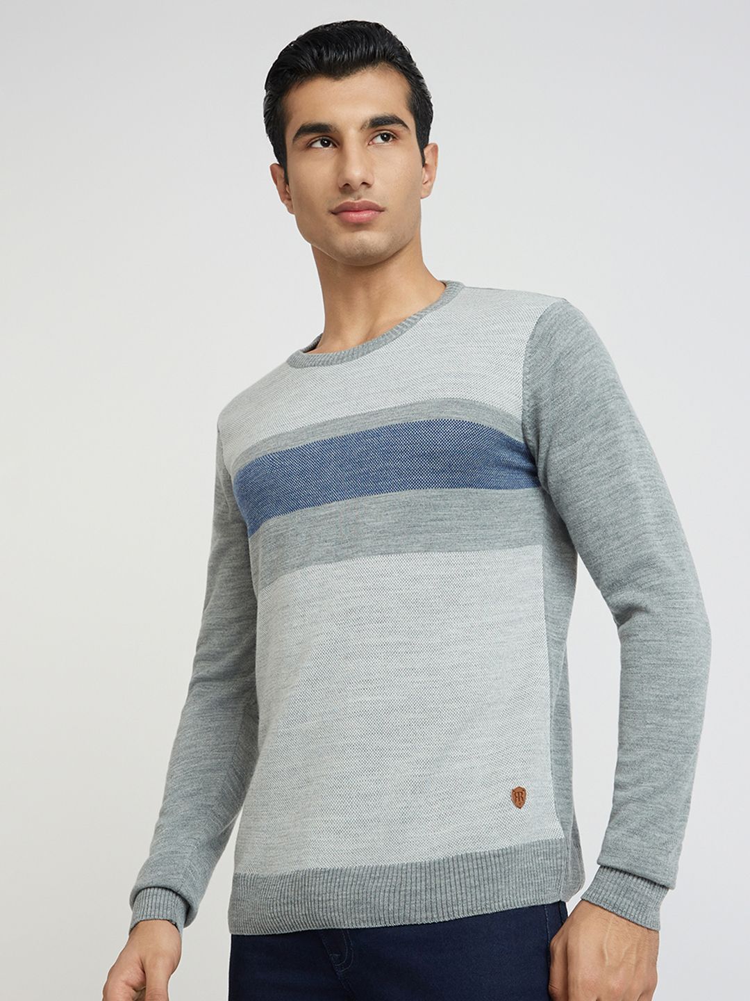 Raymond Men Grey Melange & Blue Striped Woolen Pullover