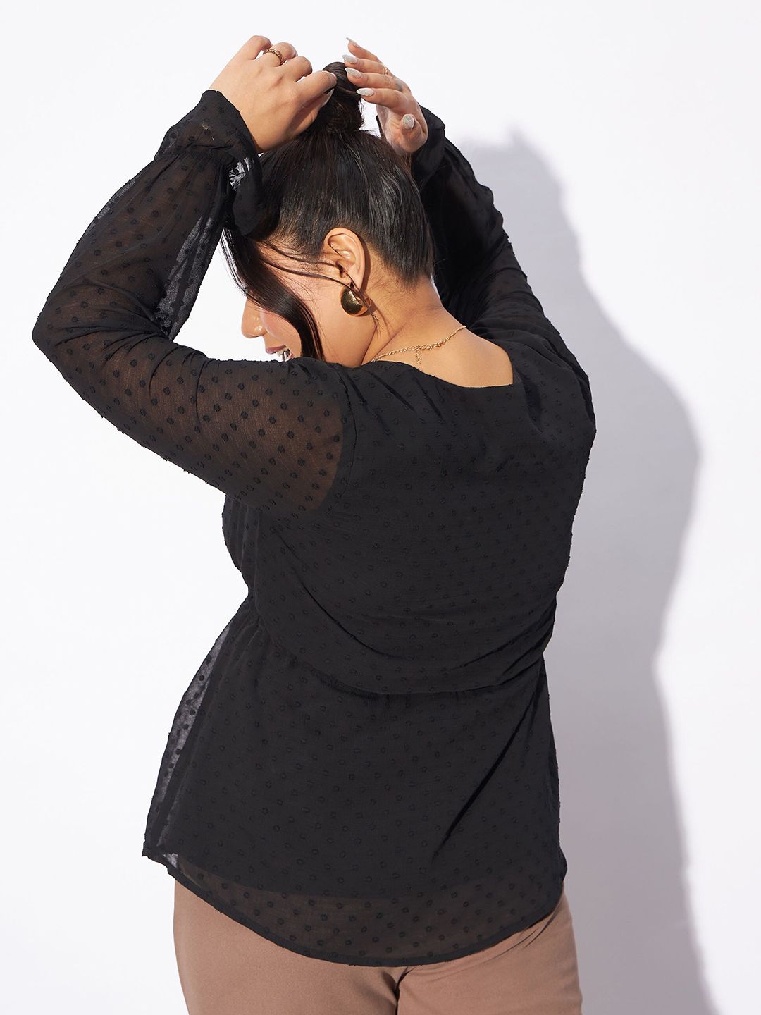 SASSAFRAS Curve Plus Size Self Design V-Neck Peplum Top