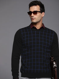 Raymond Men Black & Blue Checked Round Neck Long Sleeves Pullover