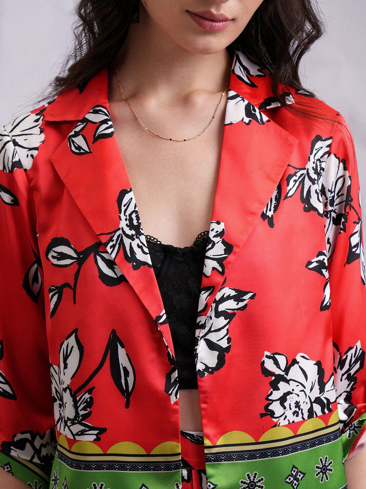 Tokyo Talkies Red Printed Lapel Collar Neck Blazer & Straight Trouser