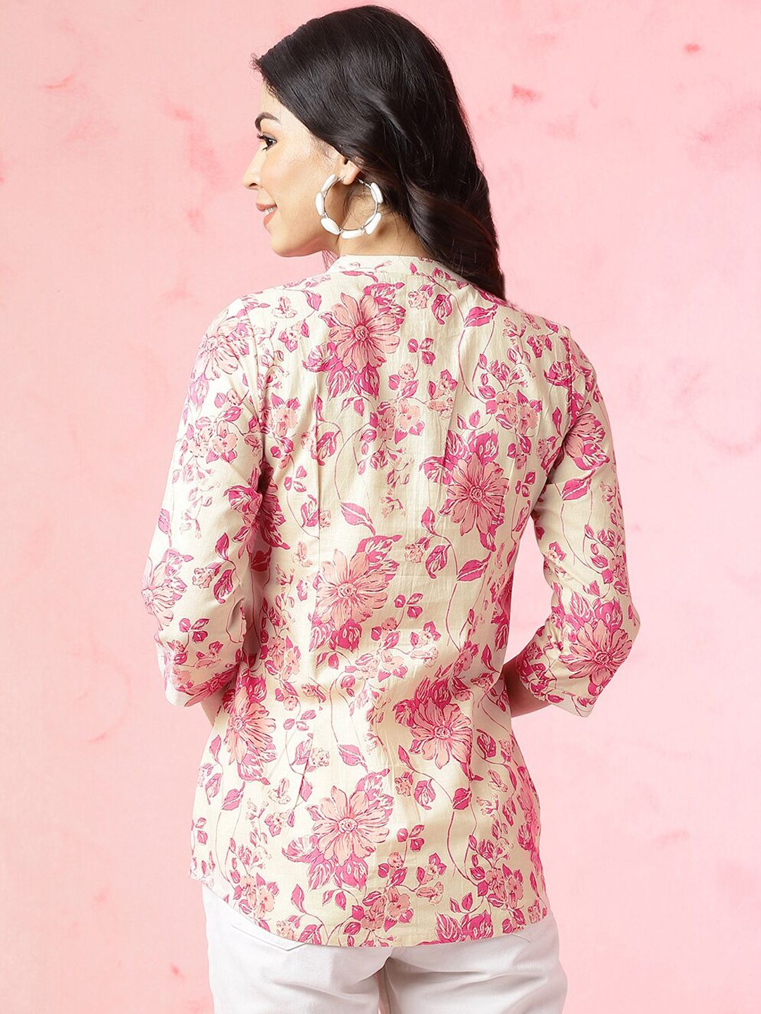 Anouk Off White Floral Printed Mandarin Collar Pure Cotton Top