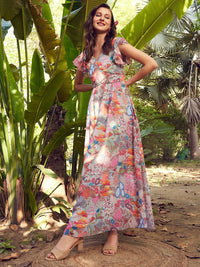 STREET 9 Floral Printed Georgette Flutter Sleeves Maxi Dress
