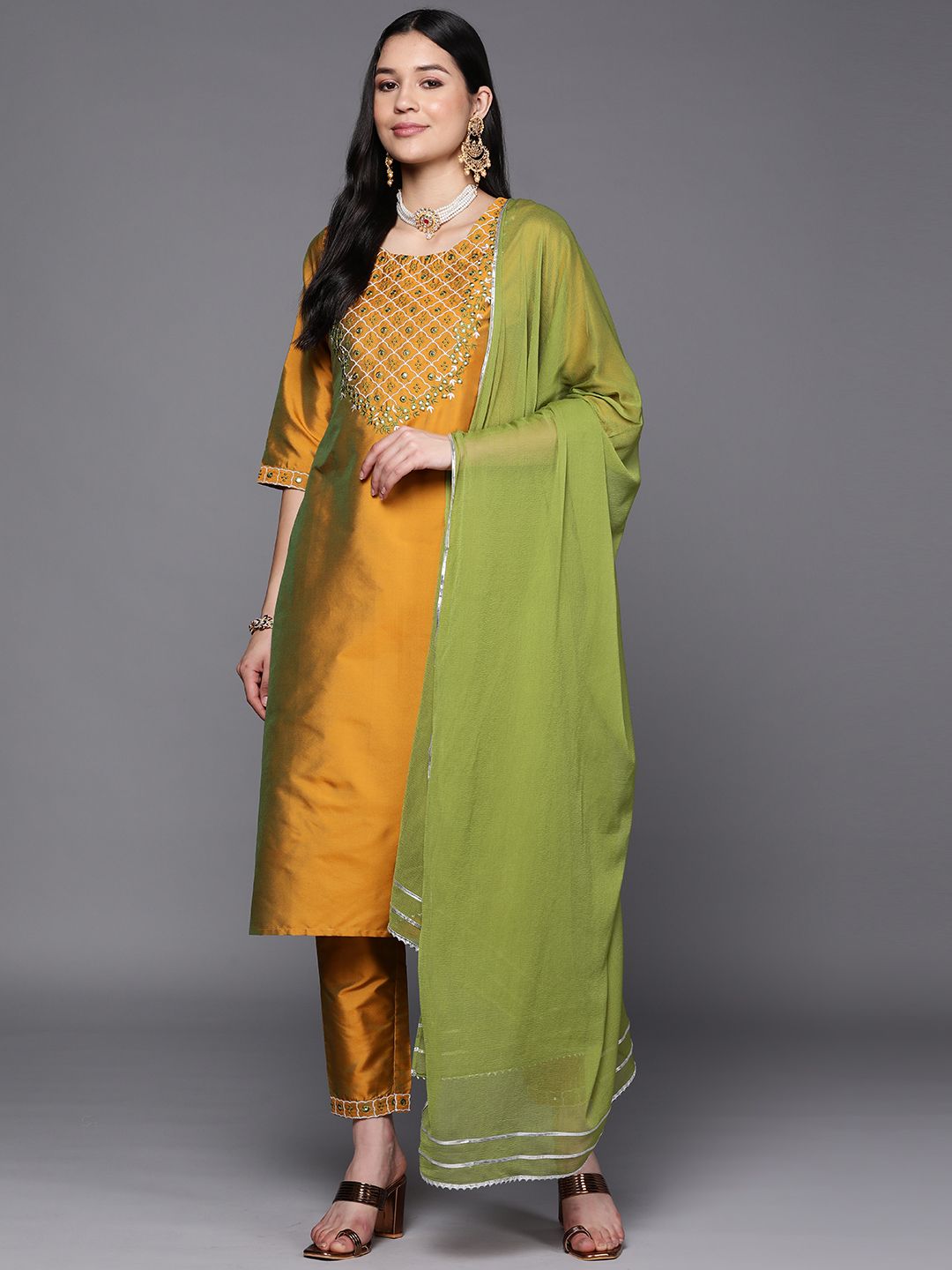 Libas Women Mustard Yellow Floral Yoke Design Mirror Work Kurta with Trousers & With Dupatta