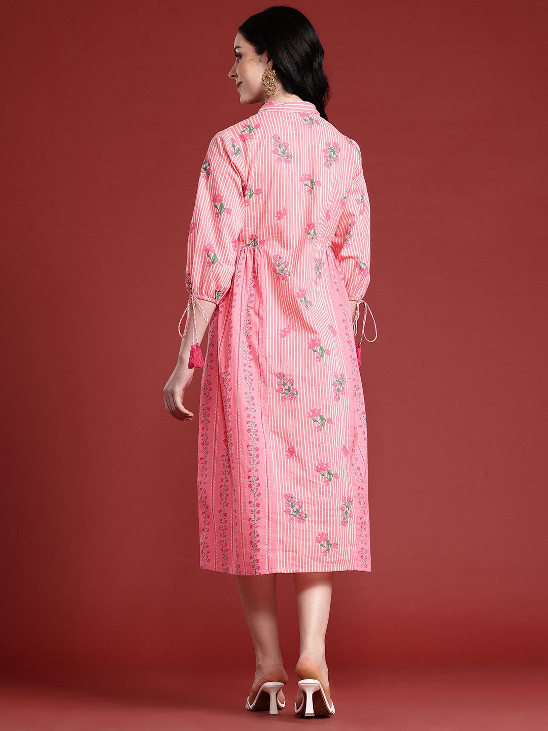 Anouk Floral Print Pleated Tasseled Shirt Collar Pure Cotton Ethnic Dress