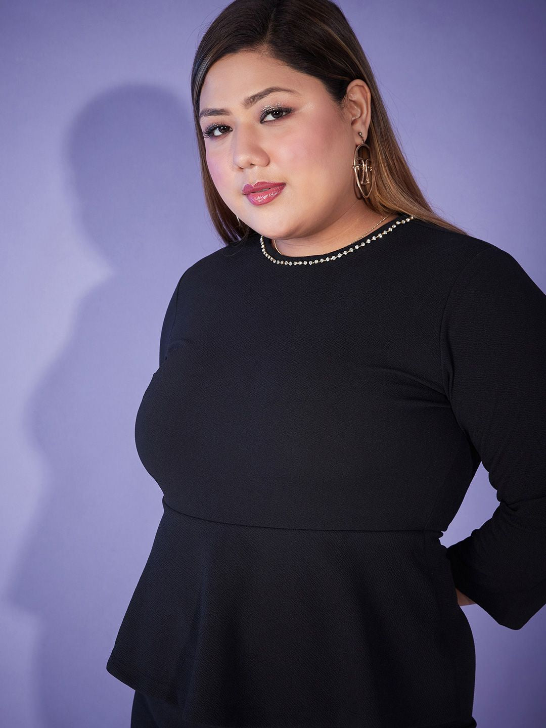 SASSAFRAS Curve Plus Size Black Round Neck Peplum Dress