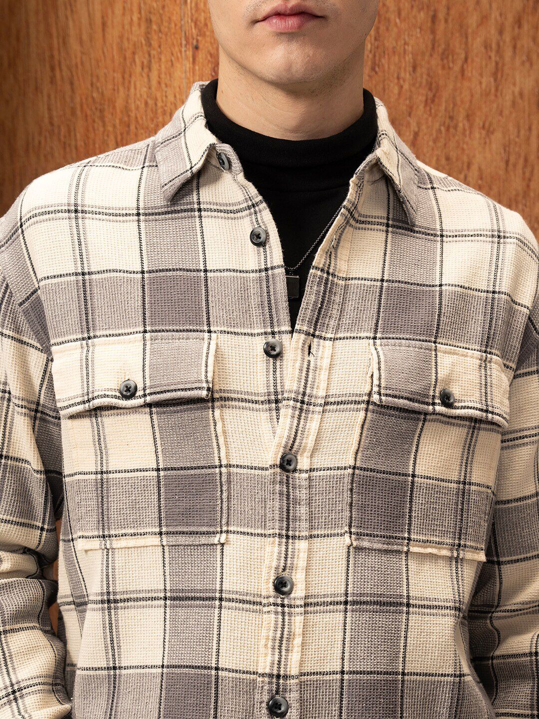 LOCOMOTIVE  Oversized Waffle Dobby Textured Checked Utility Pocket Overshirt