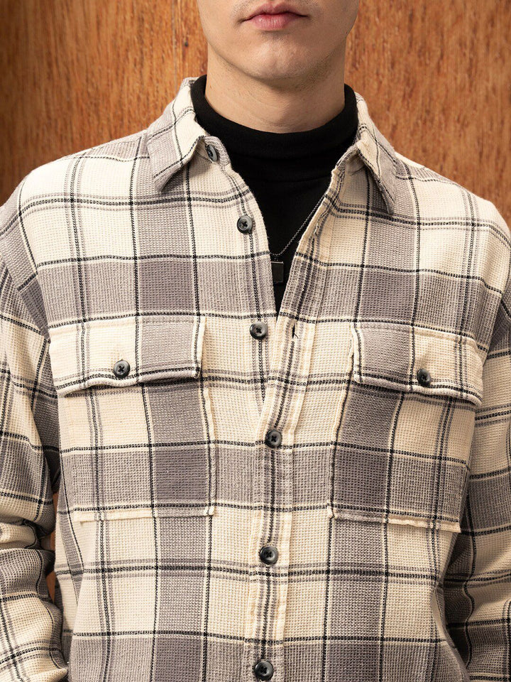 LOCOMOTIVE  Oversized Waffle Dobby Textured Checked Utility Pocket Overshirt