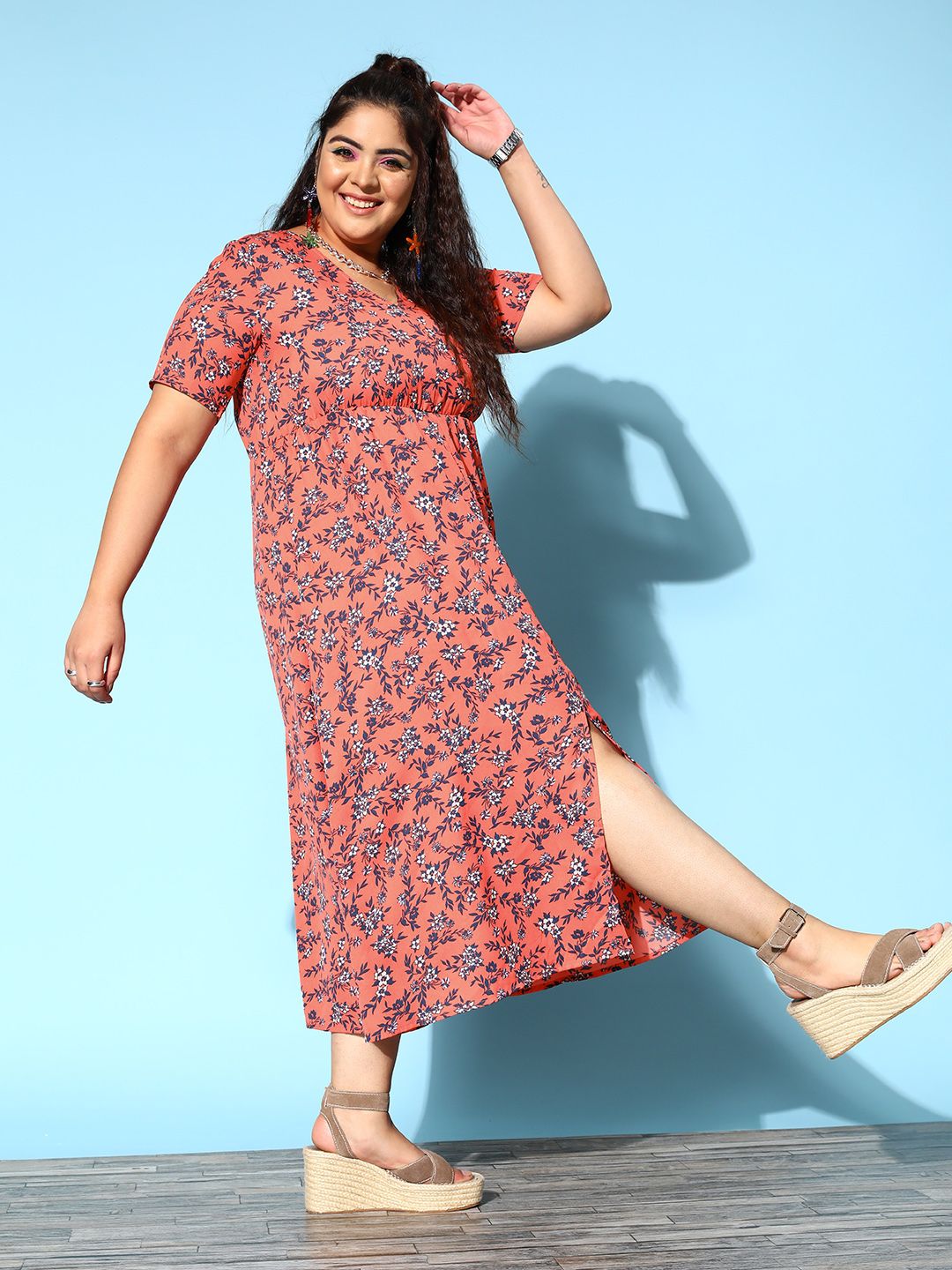 Berrylush Curve Women Bright Orange Floral New Neckline Dress
