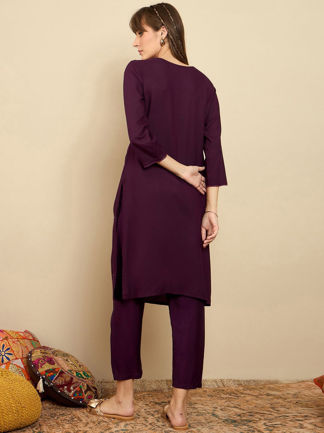 Indo Era Burgundy Floral Embroidered Tie Up Neck Straight Kurta
