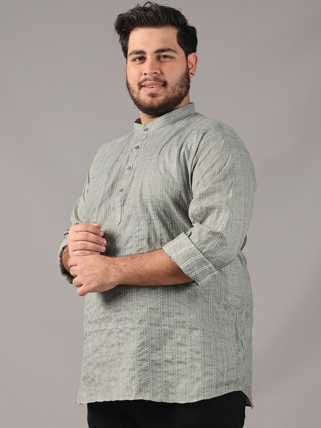 SOJANYA PLUS Size Geometric Woven Design Band Collar Cotton Straight Kurta
