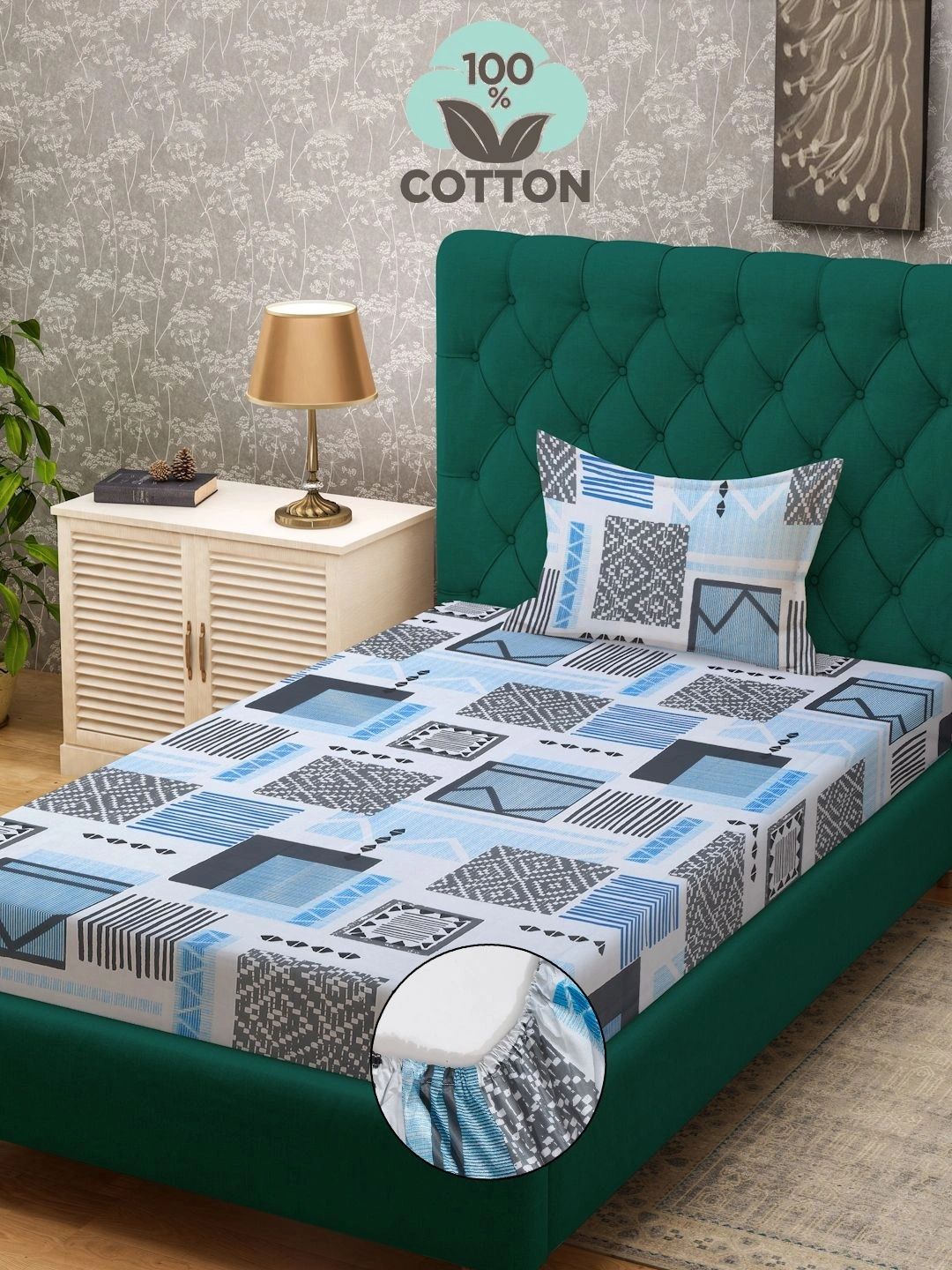 Myntra Elegant Homes Blue & White Geometric 400 TC Single Bedsheet with 1 Pillow Covers
