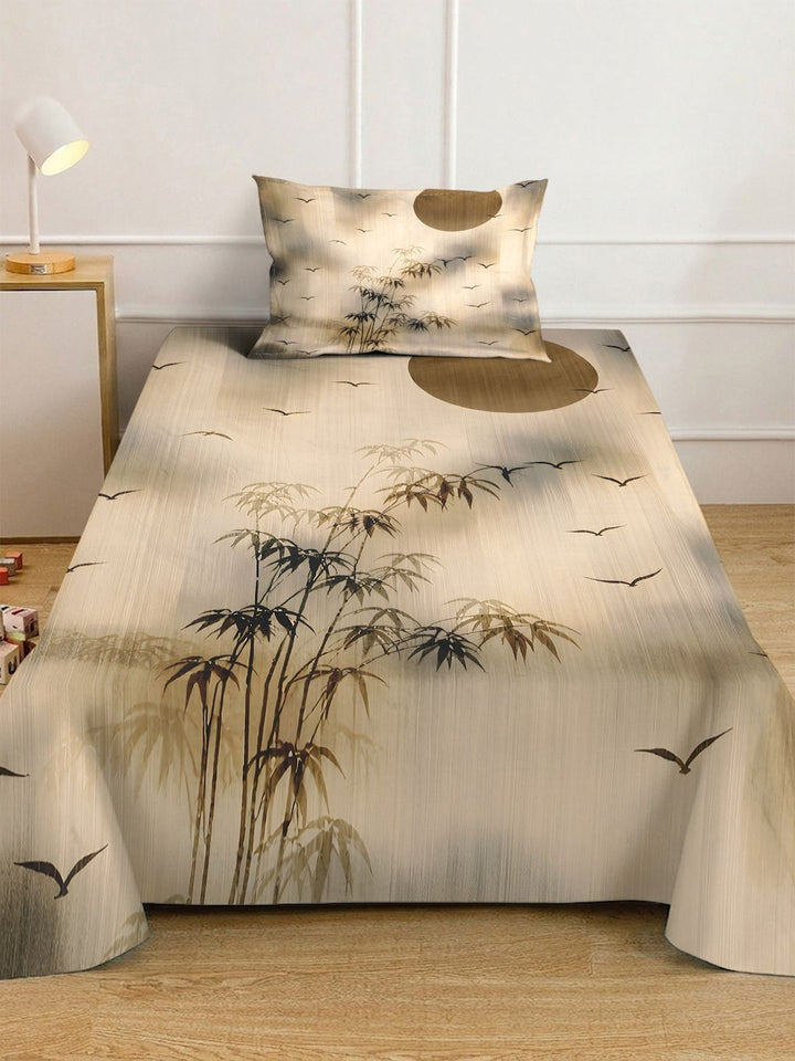 KLOTTHE Beige Floral Fitted 400 TC Single 7D Bedsheet with 1 Pillow Covers