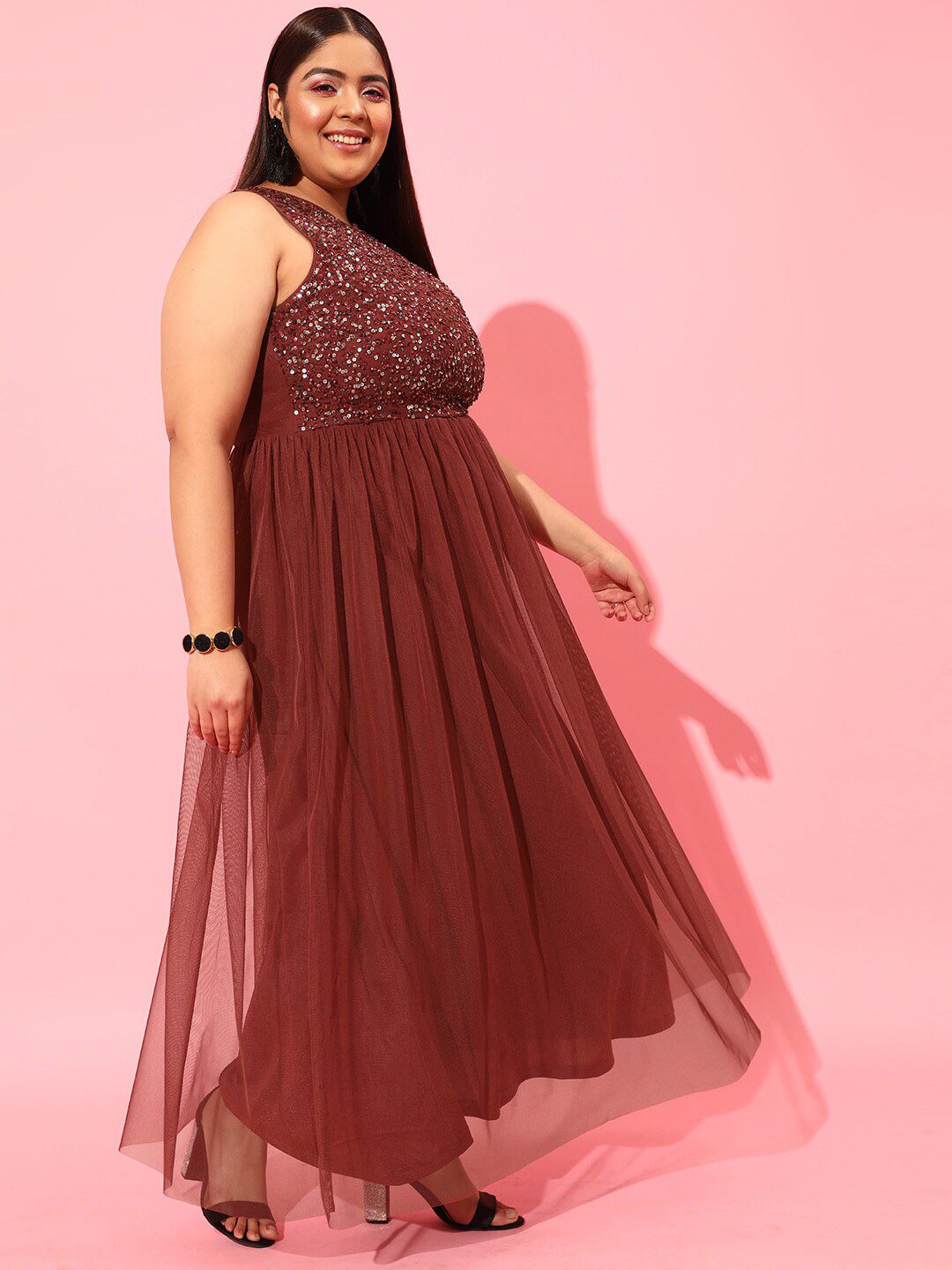 CURVY STREET Burgundy Plus Size Embellished Net Dress