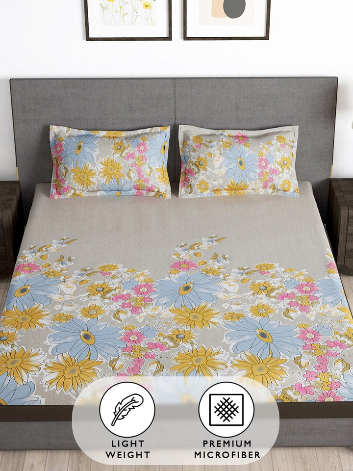 Story@home Grey & Blue Floral 180 TC Queen Bedsheet with 2 Pillow Covers