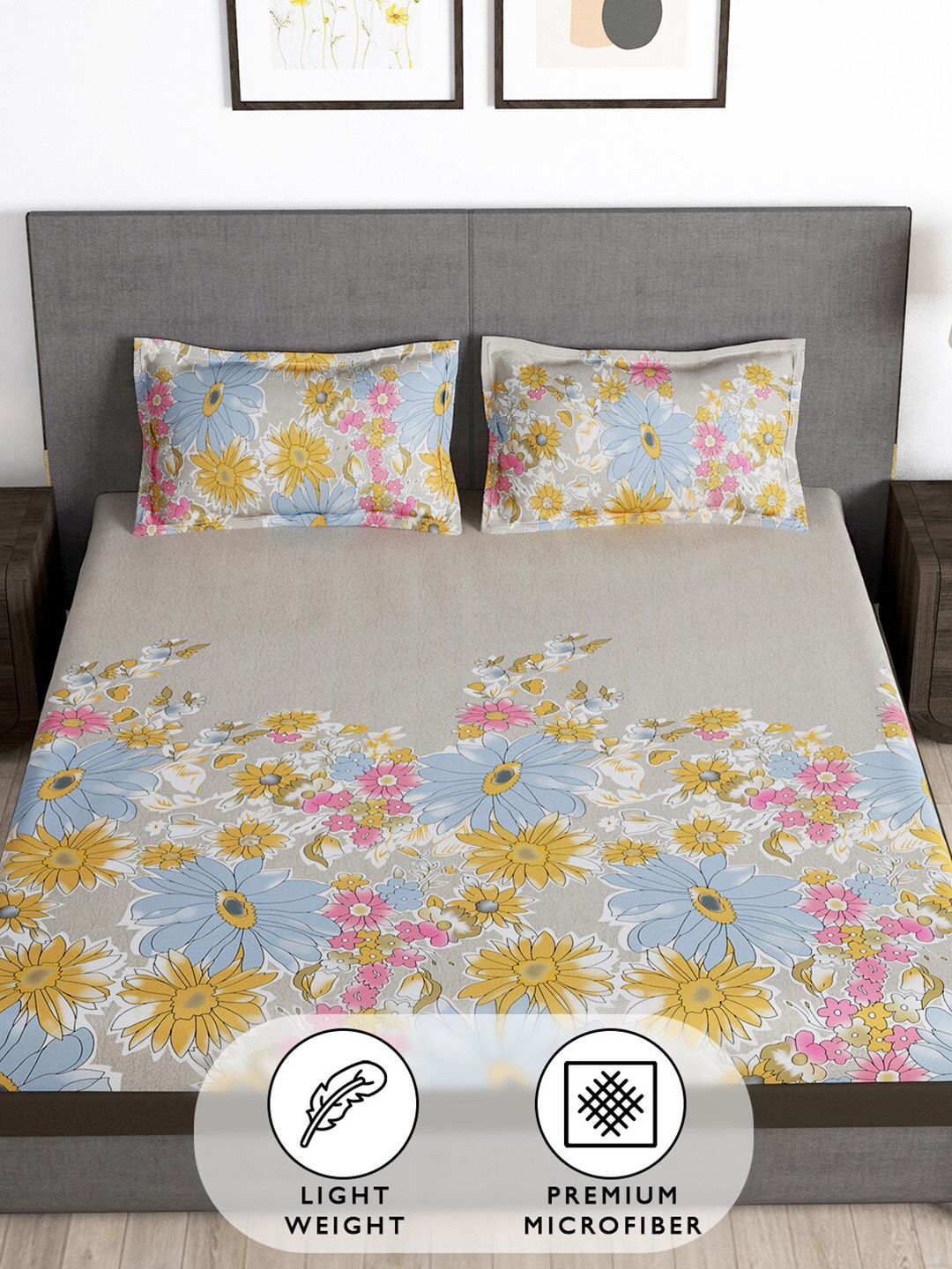 Story@home Grey & Blue Floral 180 TC Queen Bedsheet with 2 Pillow Covers