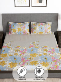 Story@home Grey & Blue Floral 180 TC Queen Bedsheet with 2 Pillow Covers