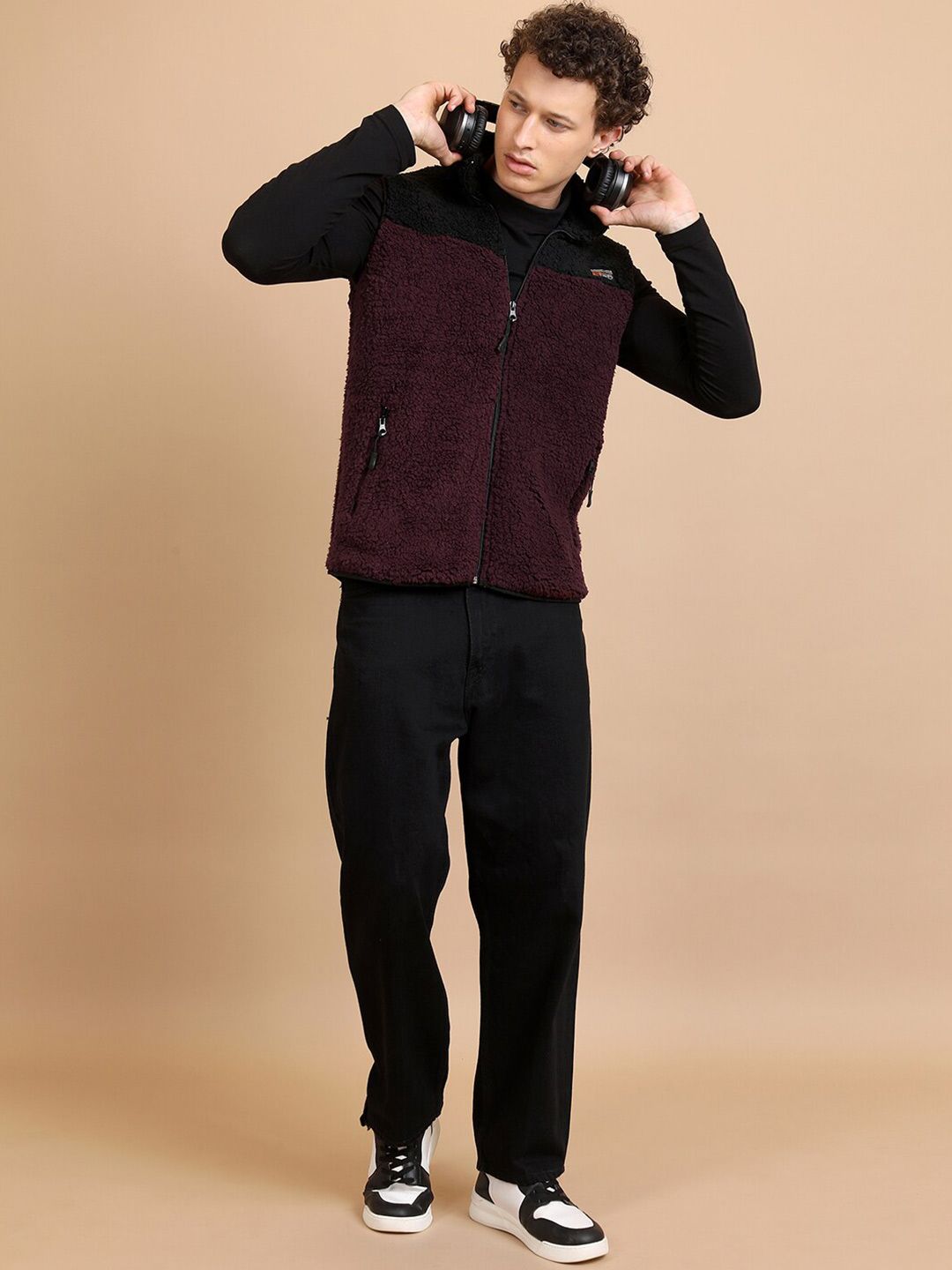 HIGHLANDER Black Self Design High Neck Sleeveless Front-Open Sweatshirt