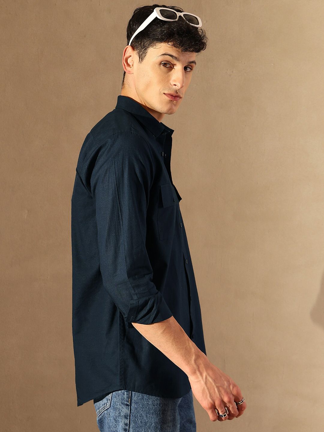 DENNISON Smart Spread Collar Cotton Linen Double Pocket Casual Shirt