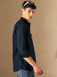 DENNISON Smart Spread Collar Cotton Linen Double Pocket Casual Shirt