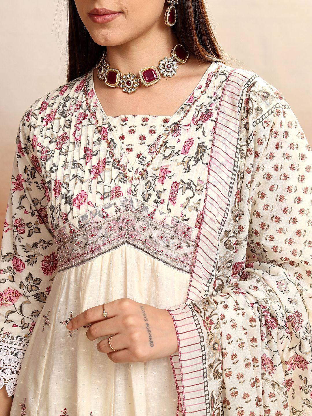 Vishudh Women Floral Printed Regular Pure Cotton Kurta with Trousers & With Dupatta