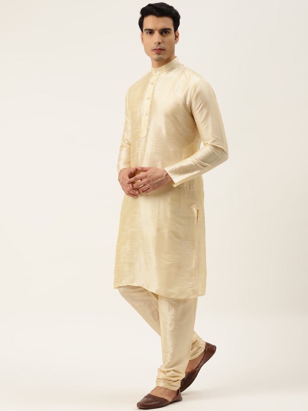 SOJANYA Men Beige & Green Solid Kurta with Churidar