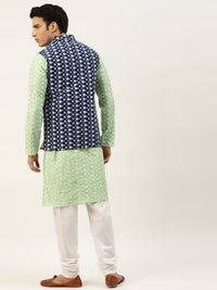 SOJANYA Men Navy Blue & Green Ethnic Motifs Embroidered Kurta with Churidar
