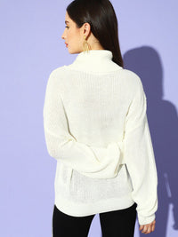 STREET 9 Women White Solid Turtle Neck Longline Pullover