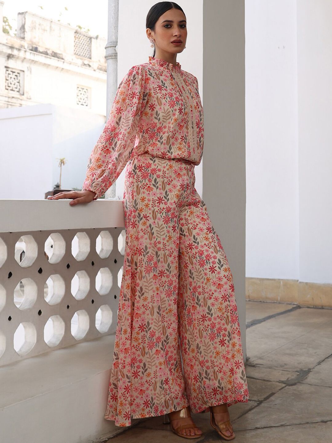 Janasya Women's Beige Georgette Floral Regular Co-ord Set