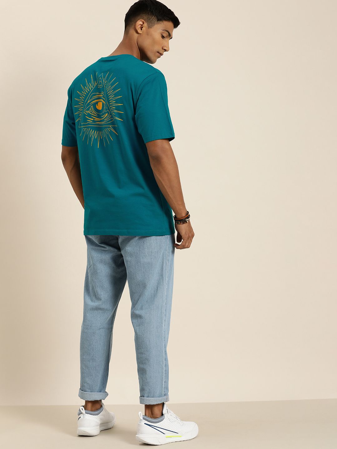 DILLINGER Men Teal Blue & Mustard Yellow Back Graphic Printed Cotton Oversized T-shirt