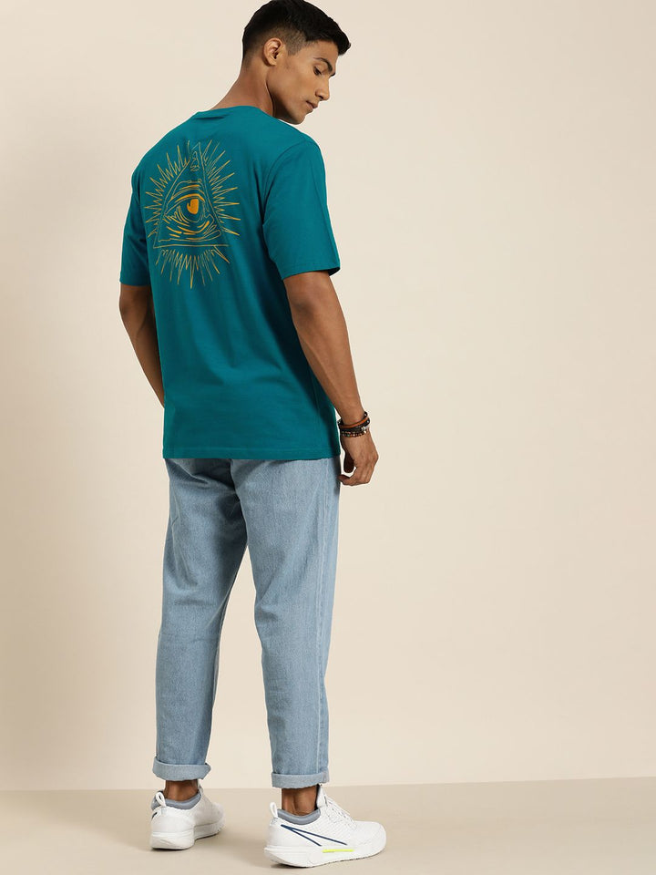 DILLINGER Men Teal Blue & Mustard Yellow Back Graphic Printed Cotton Oversized T-shirt