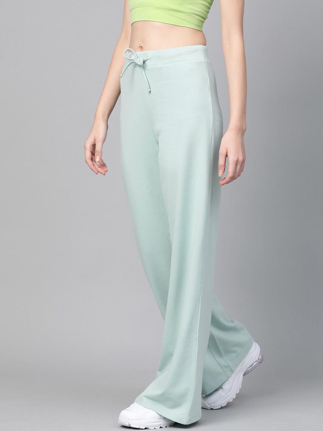 SASSAFRAS Women Mint Green Solid Wide Leg Track Pants