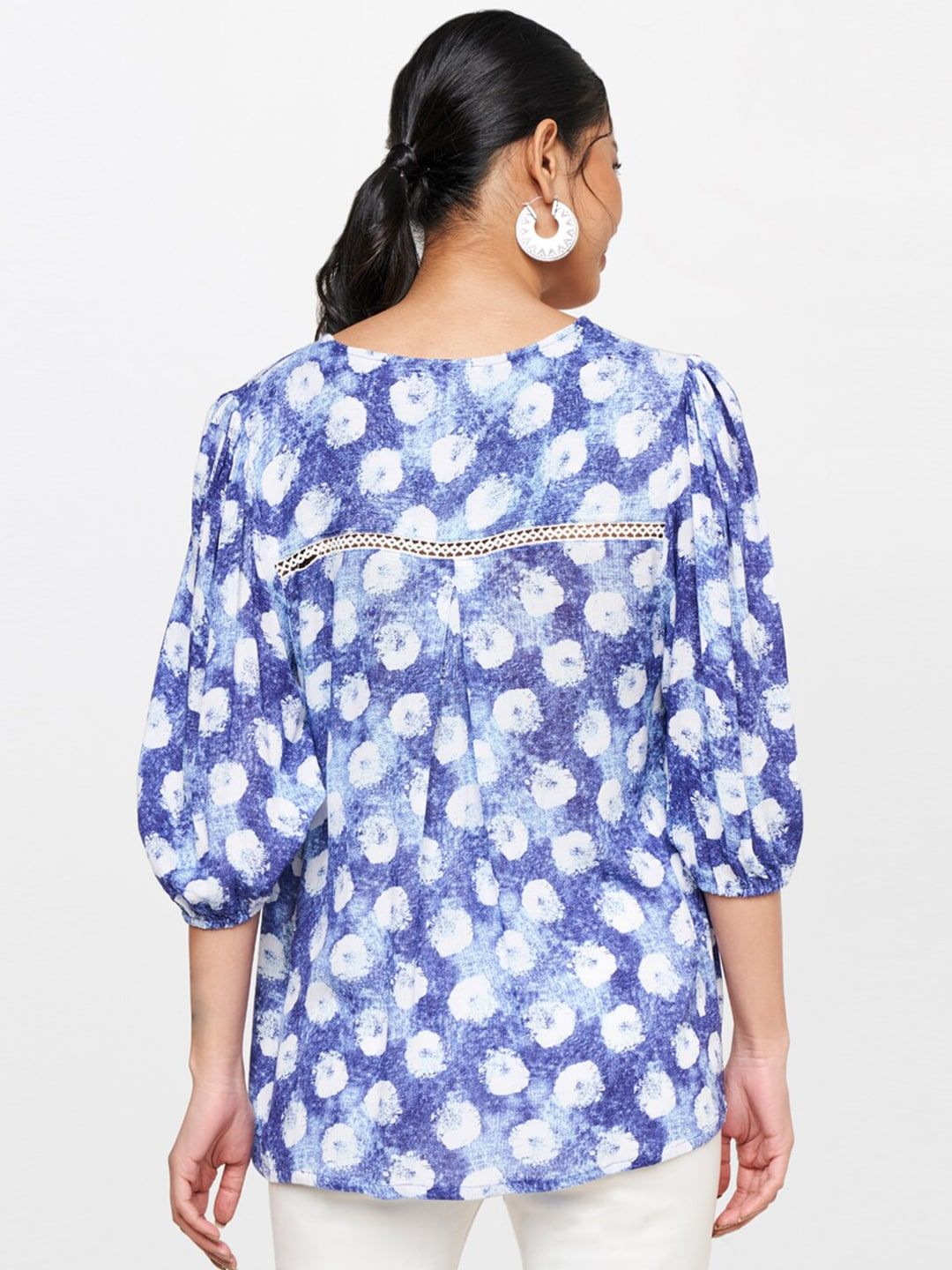 Global Desi Blue Floral Printed Three Quarter Sleeves Top