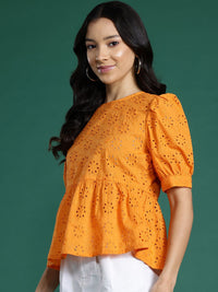 DressBerry Puff Sleeve Pure Cotton Schiffli Top