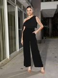 SASSAFRAS Black One Shoulder Basic Jumpsuit with Ruffles