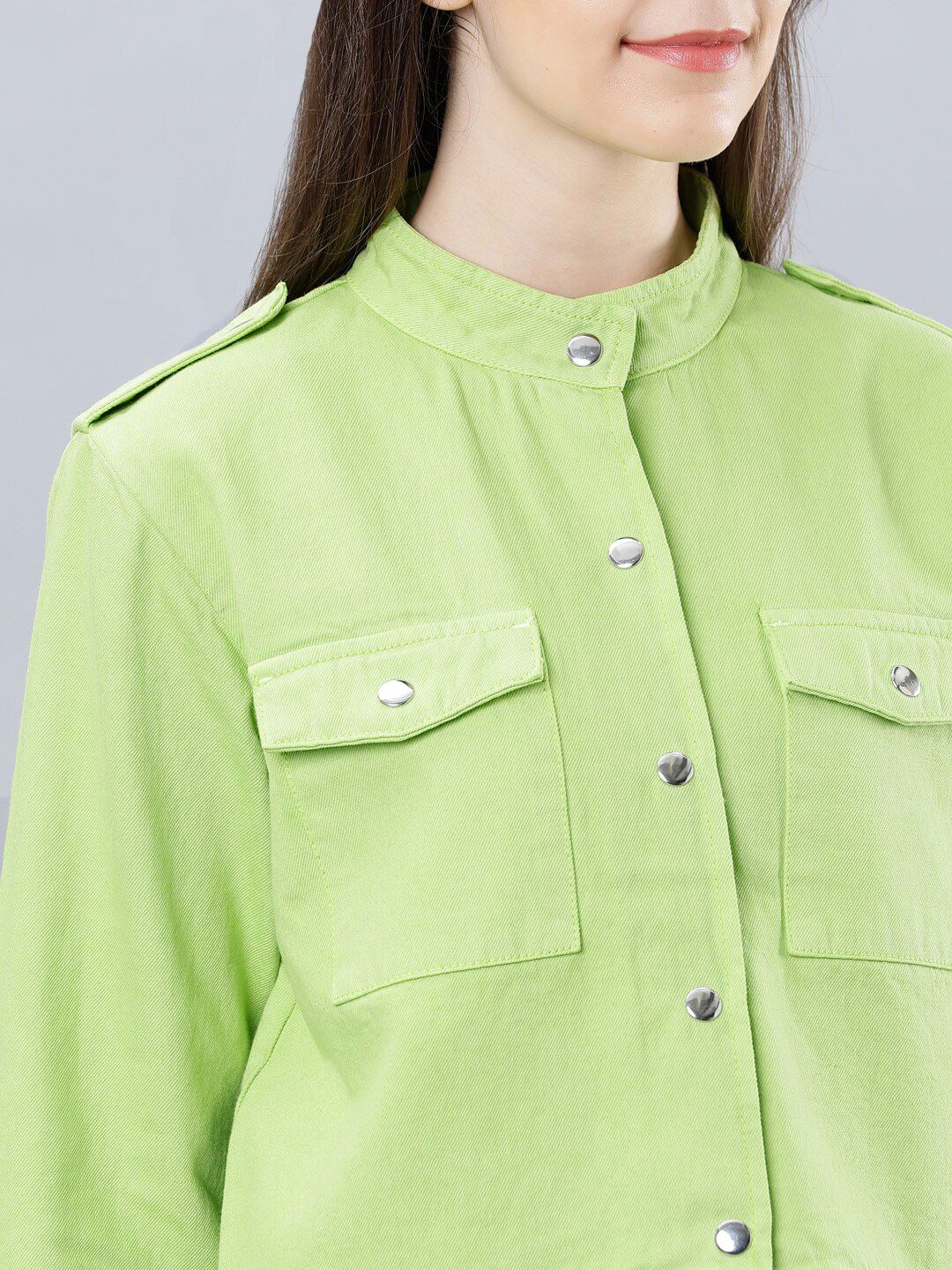 Tokyo Talkies Women Green Solid Crop Denim Jacket