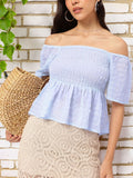 DressBerry Stylish Darling Smocked Off-Shoulder Textured Peplum Top