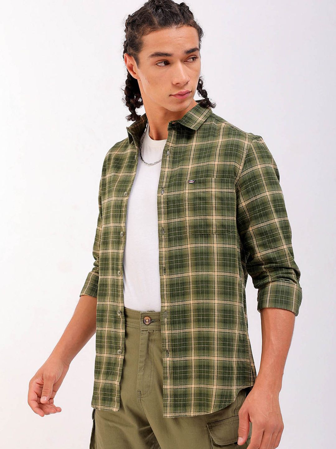 The Indian Garage Co Slim Fit Tartan Checked Spread Collar Pure Cotton Casual Shirt