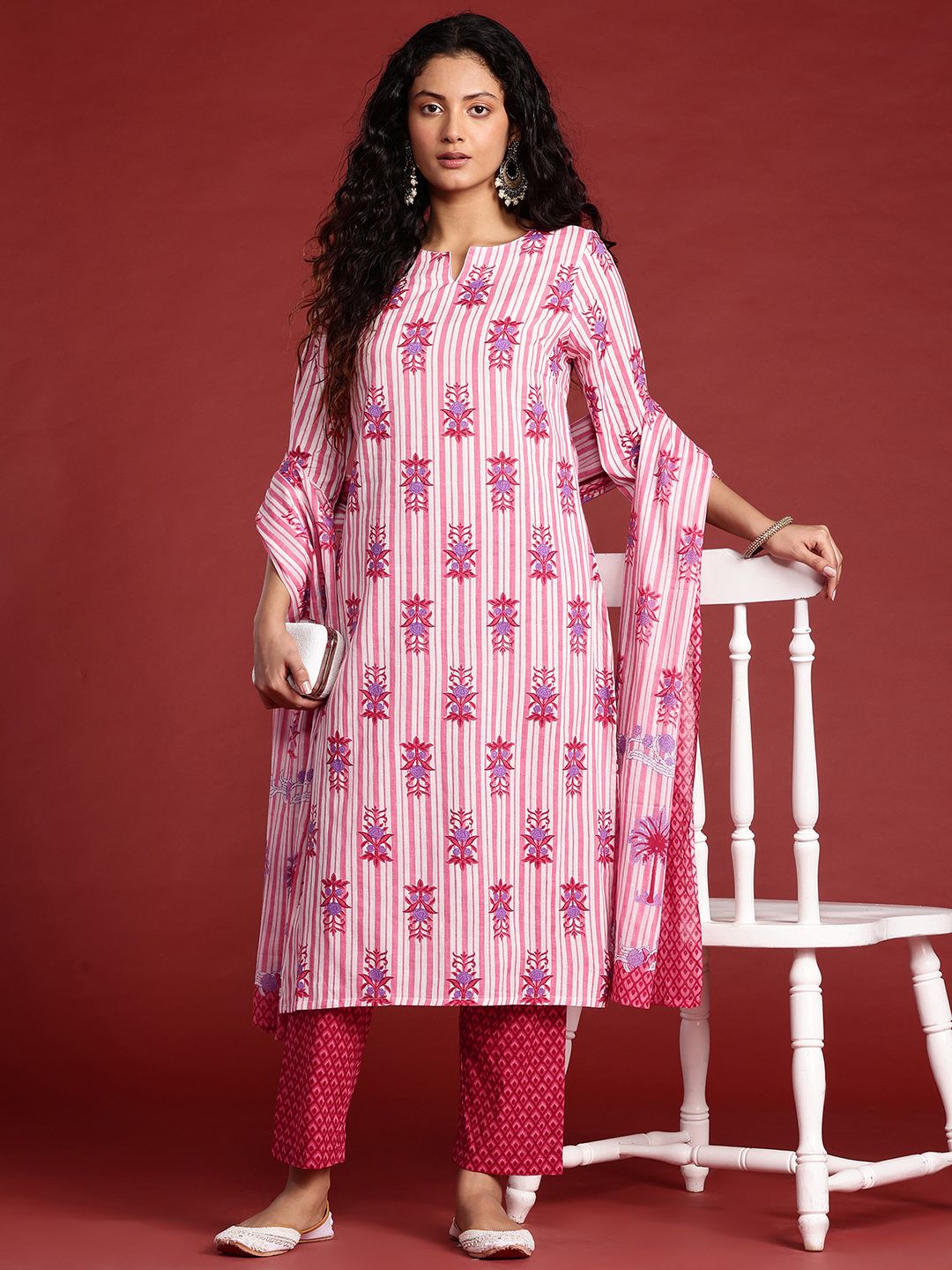 Anouk Striped Regular Cotton Kurta with Trousers & With Dupatta