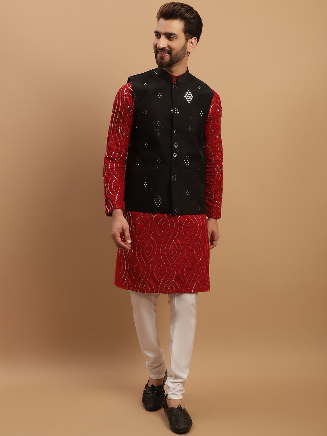SOJANYA Embroidered Sequinned Pure Cotton Kurta with Churidar & Embellished Nehru Jacket