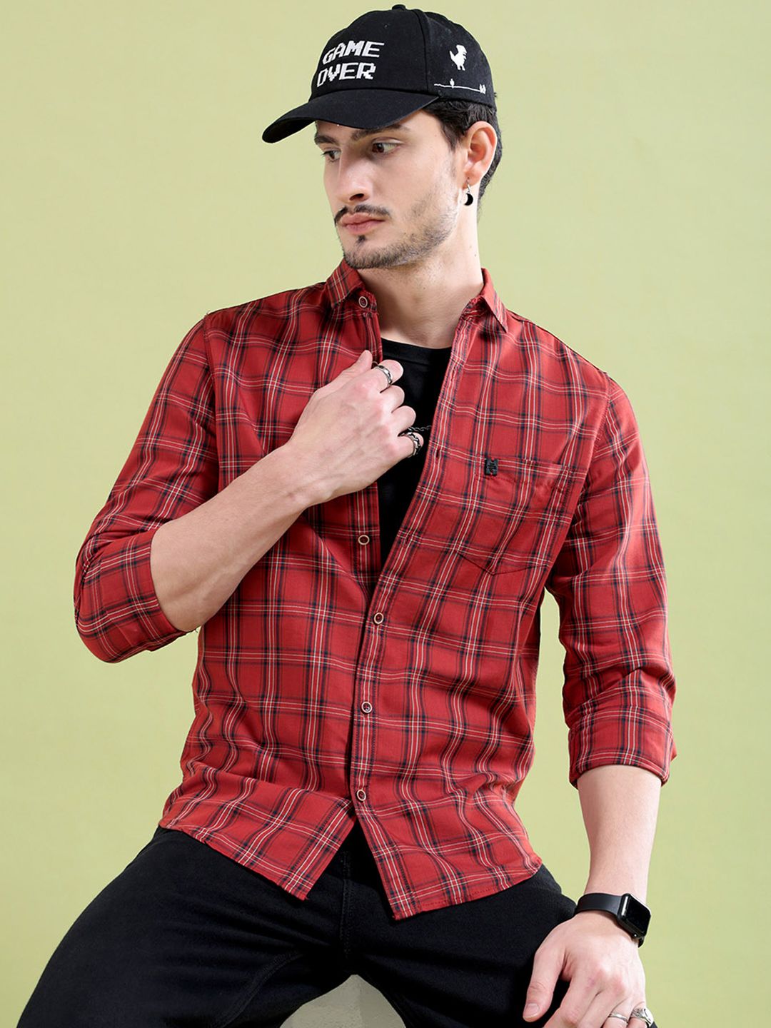 The Indian Garage Co Men Rust Tartan Checked Casual Shirt