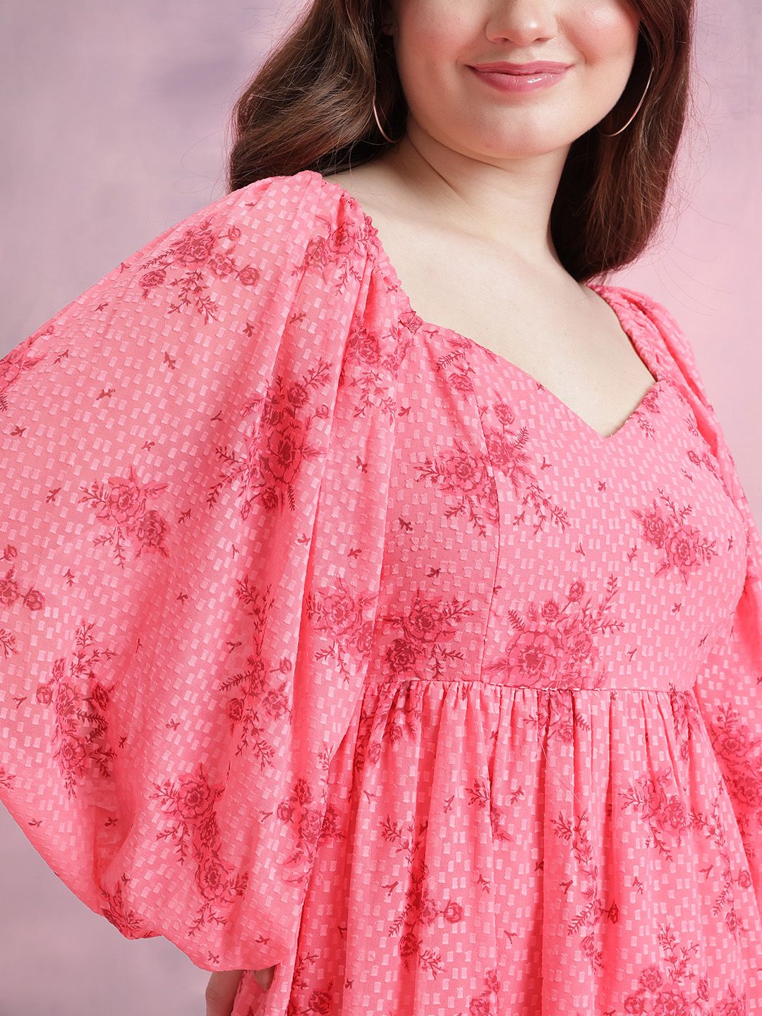 Pakaian Lengan Puff Fit & Flare Dressberry Floral Print