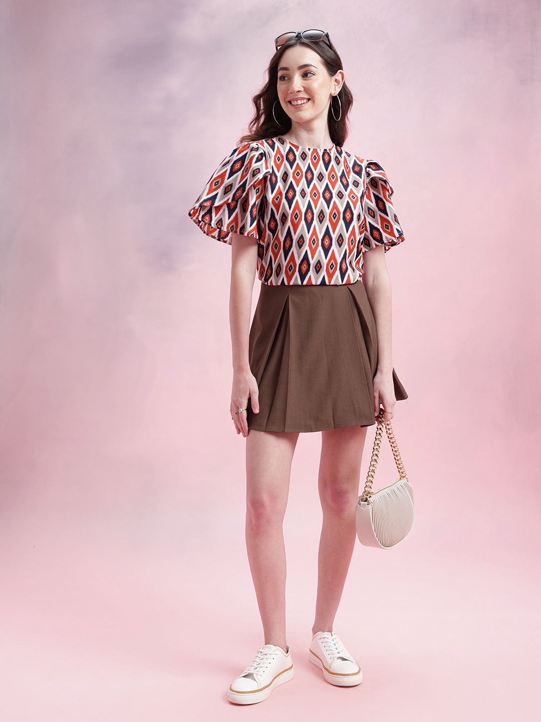 DressBerry Ikat Print Tulip-Style Flared Sleeves Top