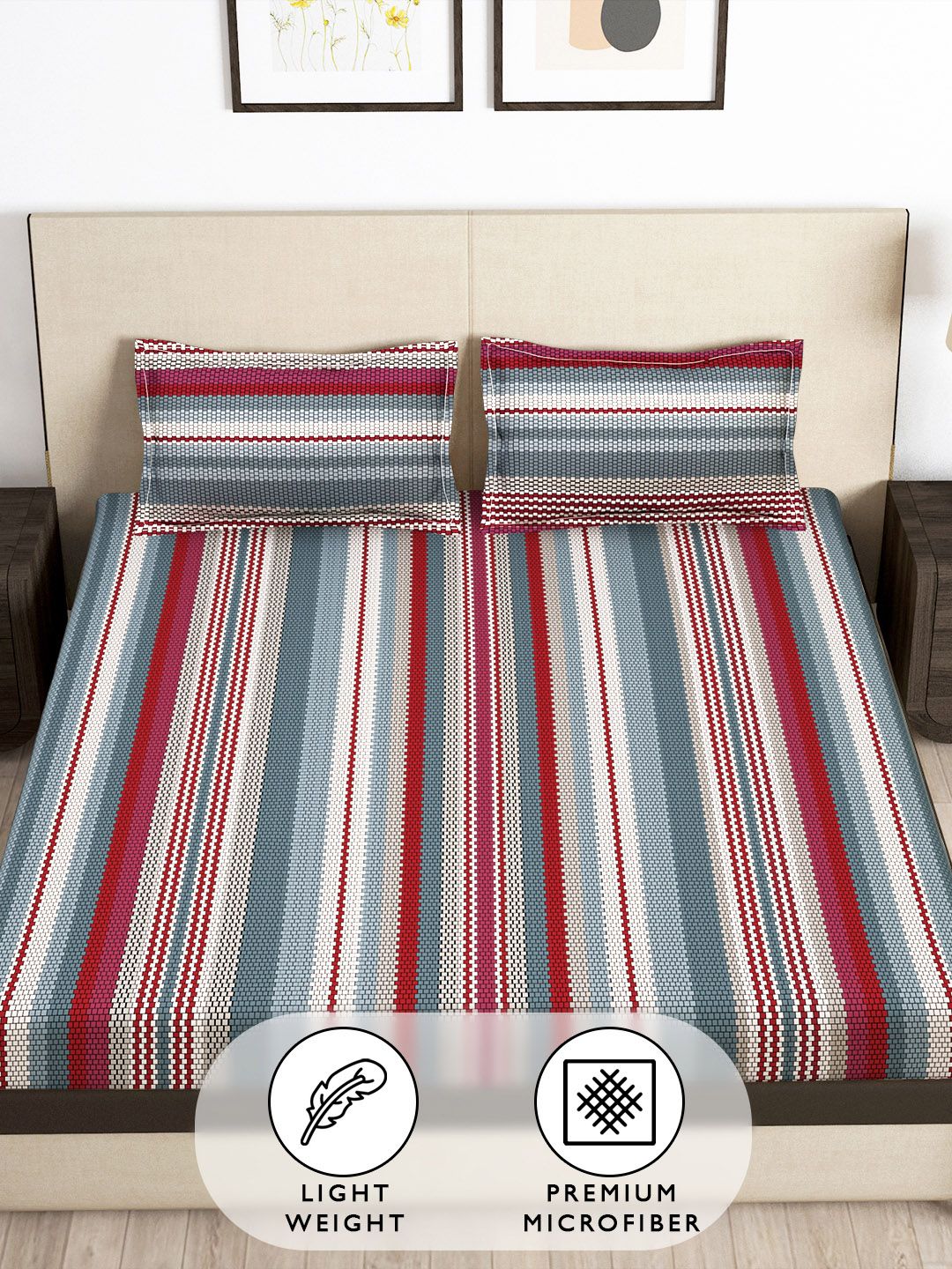 Story@home Arena Grey & Red Striped 180 TC Fitted Queen Bedsheet With 2 Pillow Covers